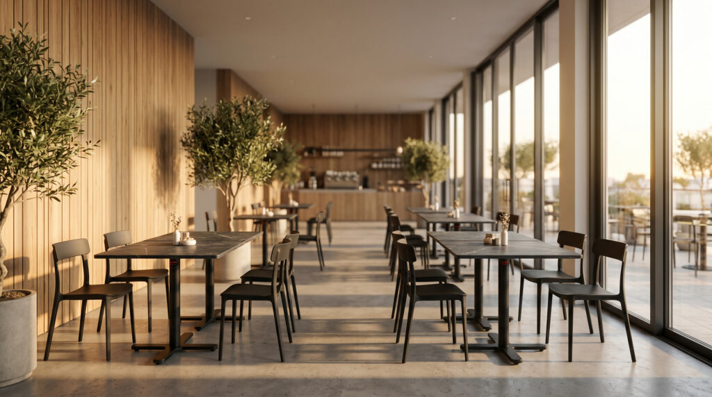 nano banana 2 Ultra realistic luxury cafe interior featuring black minimalist dining chairs a 0
